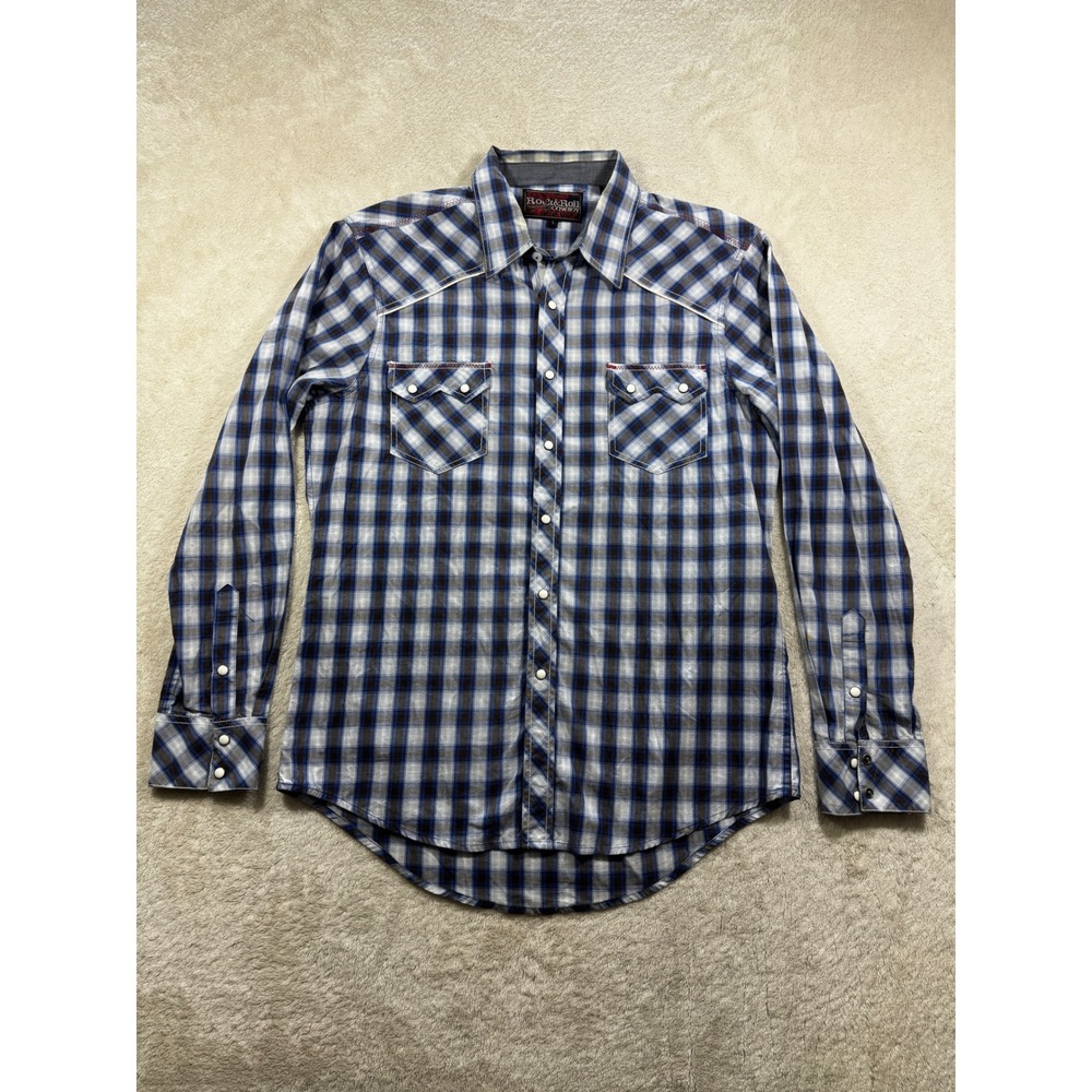 Rock & Roll Cowboy Mens Western Snap Plaid Blue White Brown Shirt L